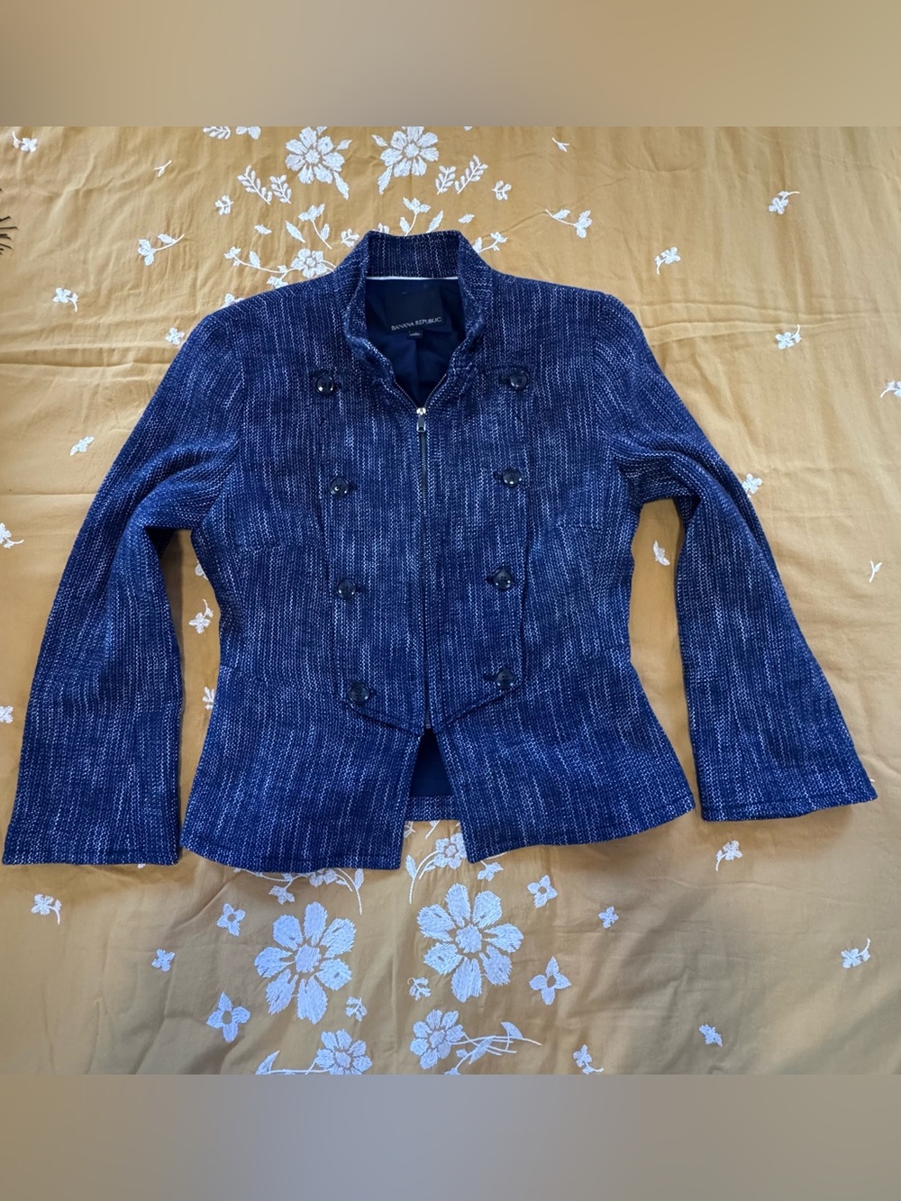 Banana Republic Womens Navy Blue Textured Double-Breasted Military-like Jacket